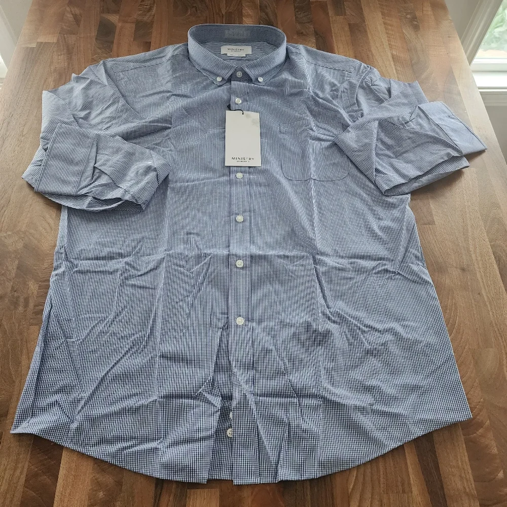 Ministry of Supply Gemini Blue Check Woven Button Down Shirt Size XXL NWT - Picture 4 of 12